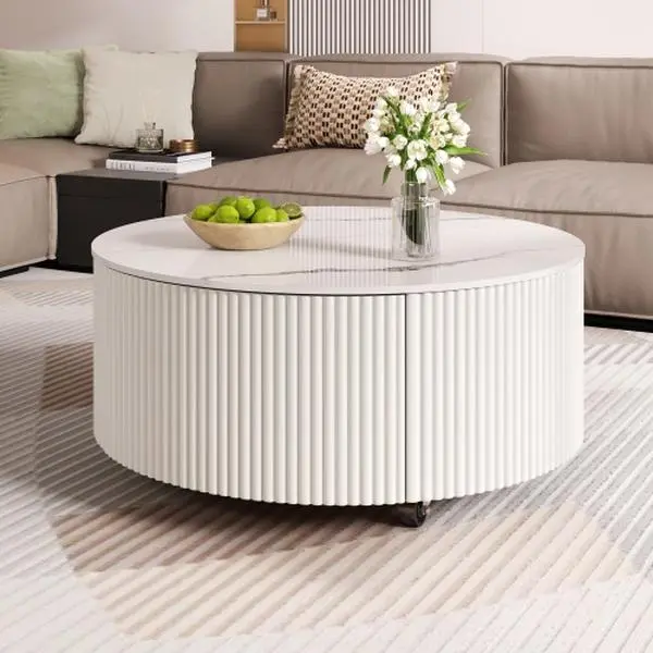 Bellemave Modern Round Coffee Table -  Marble-Like Sintered Stone Top, 2 Drawers, Caster Base, Circle & Flexible Coffee Table for Living Room Indoor Home Decor Furniture, Circle Coffee Tables