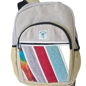 Handmade Boho Patchwork Backpack - Beige with Colorful Striped Design, Front Pocket, and Adjustable Straps