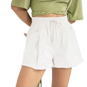 On the Go Denim High Waisted Flared Drawstring Shorts with Raw Hem in White or Black Womenswear Bottom Bridal Basic Casual Fitted Minimalist All Seasons