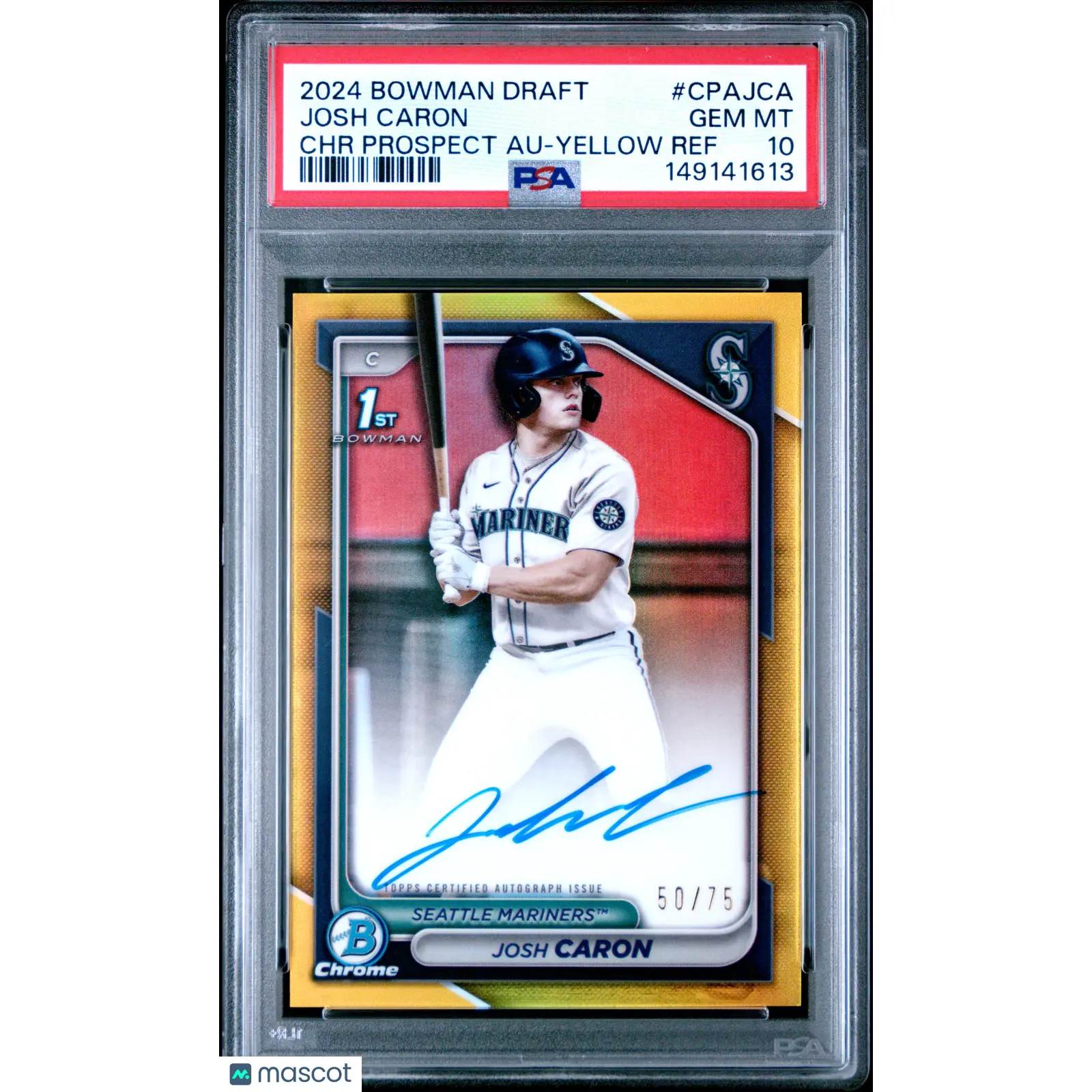 2024 Bowman Draft Chrome Prospect Autographs Josh Caron Yellow Ref 50/75 PSA 10