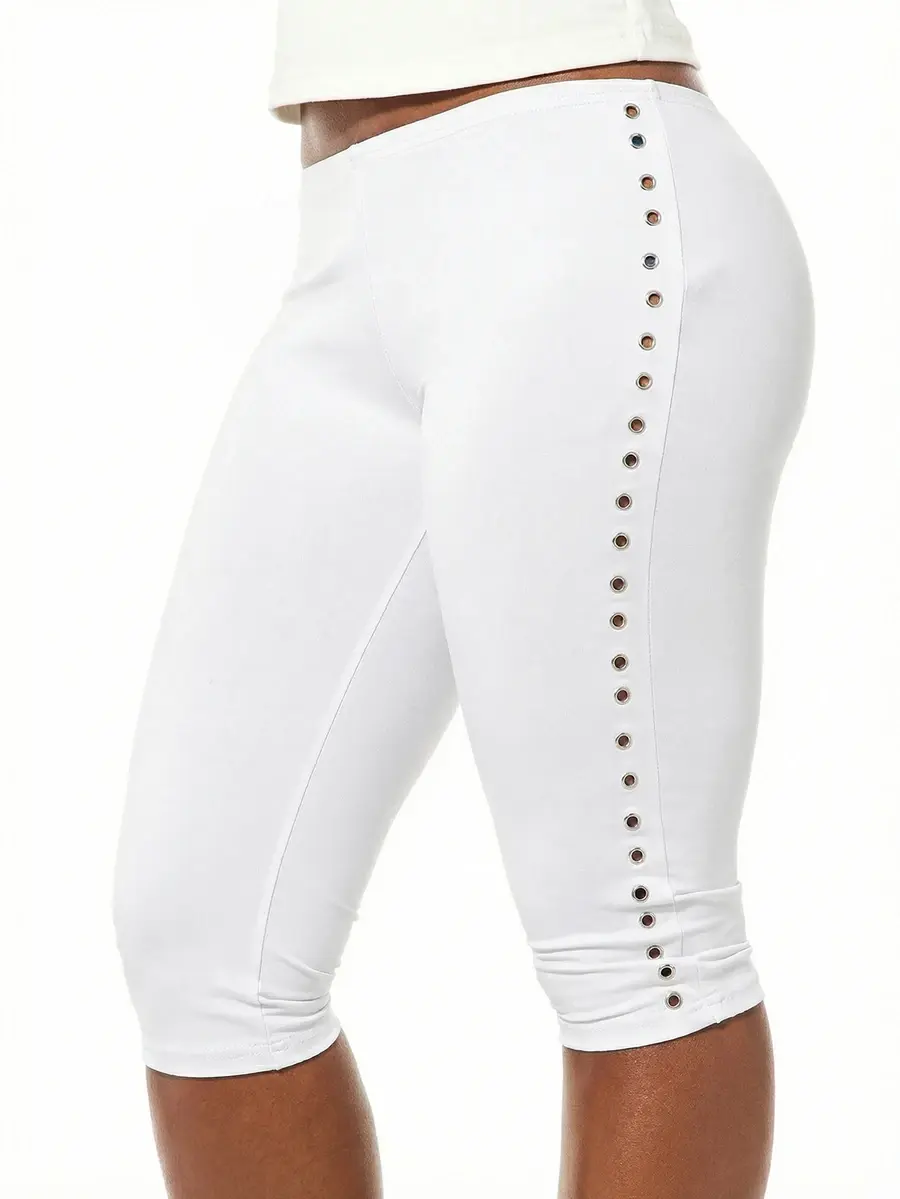 Slayvie Women Jersey Capri Leggings With Side Eyelet Button Detail Stretch Mid Rise Three Quarter Length Pants