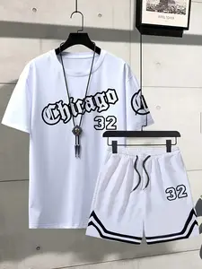 Men's Streetwear Chicago Graphic Prints T-Shirt and Drawstring Shorts 2-Piece Set - Retro Varsity Style Summer Co-ord for Urban Casual Wear & Sports