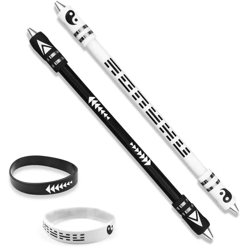 2 Colors Spinning Pen With  Bracelet, Metal Heads Gaming Finger, 8.5In Weighted Rotating Ballpoint, for Student Adults, No Refill (Black, White)