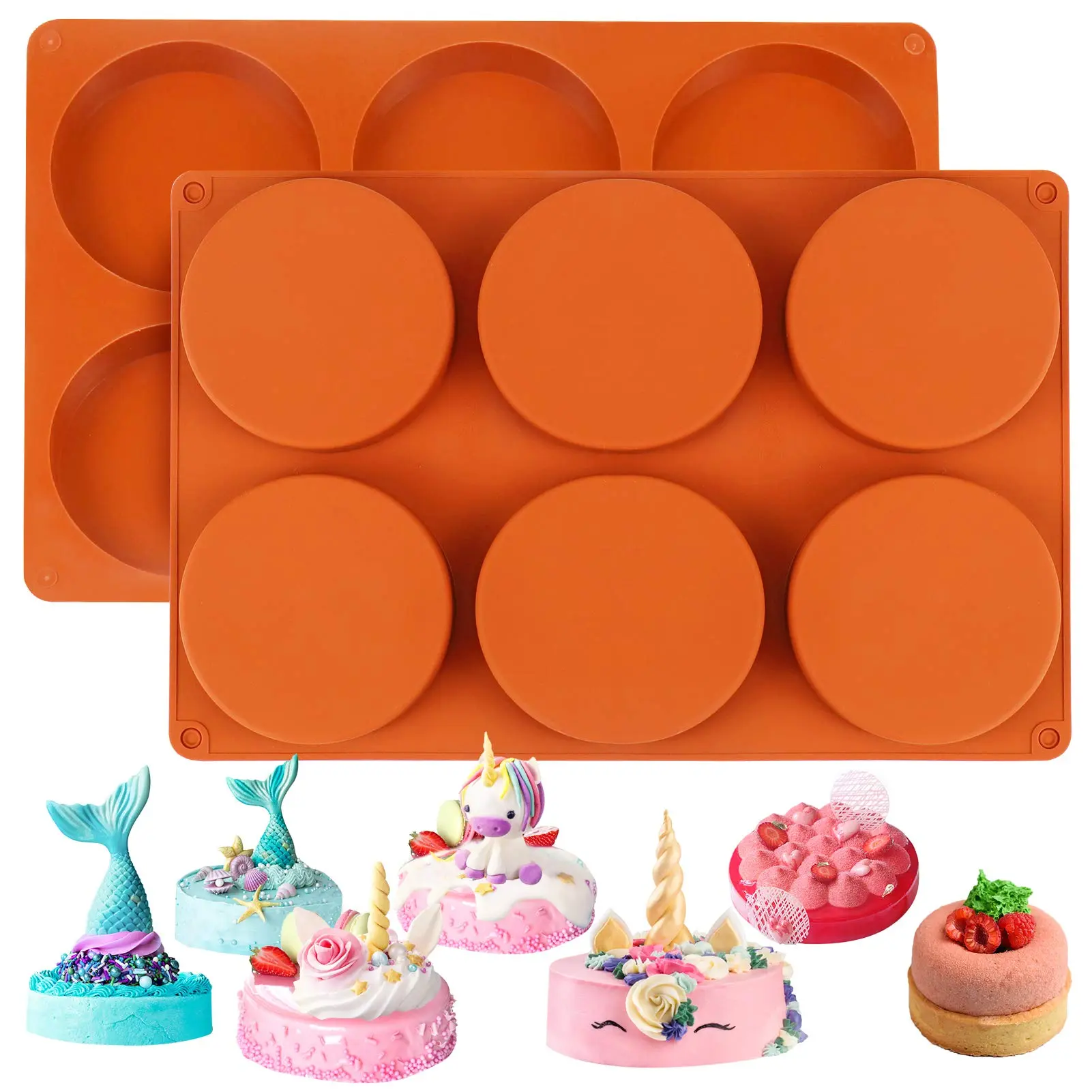 Silicone Molds for Baking (2 Pack)6-Cavity Large Round Disc Mold/English Muffins Pan/Resin Coaster Mold Non-Stick for Hamburger Chocolate Cake Pie Custard Tart Whoopie Pie Egg Pan