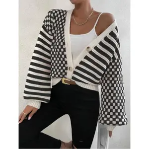 ??Plus Size?? Women's Striped Pattern Button Front Knitting Sweater Cardigan, Casual Long Sleeve Knitwear for Daily Wear, Women Plus Clothing for Fall & Winter