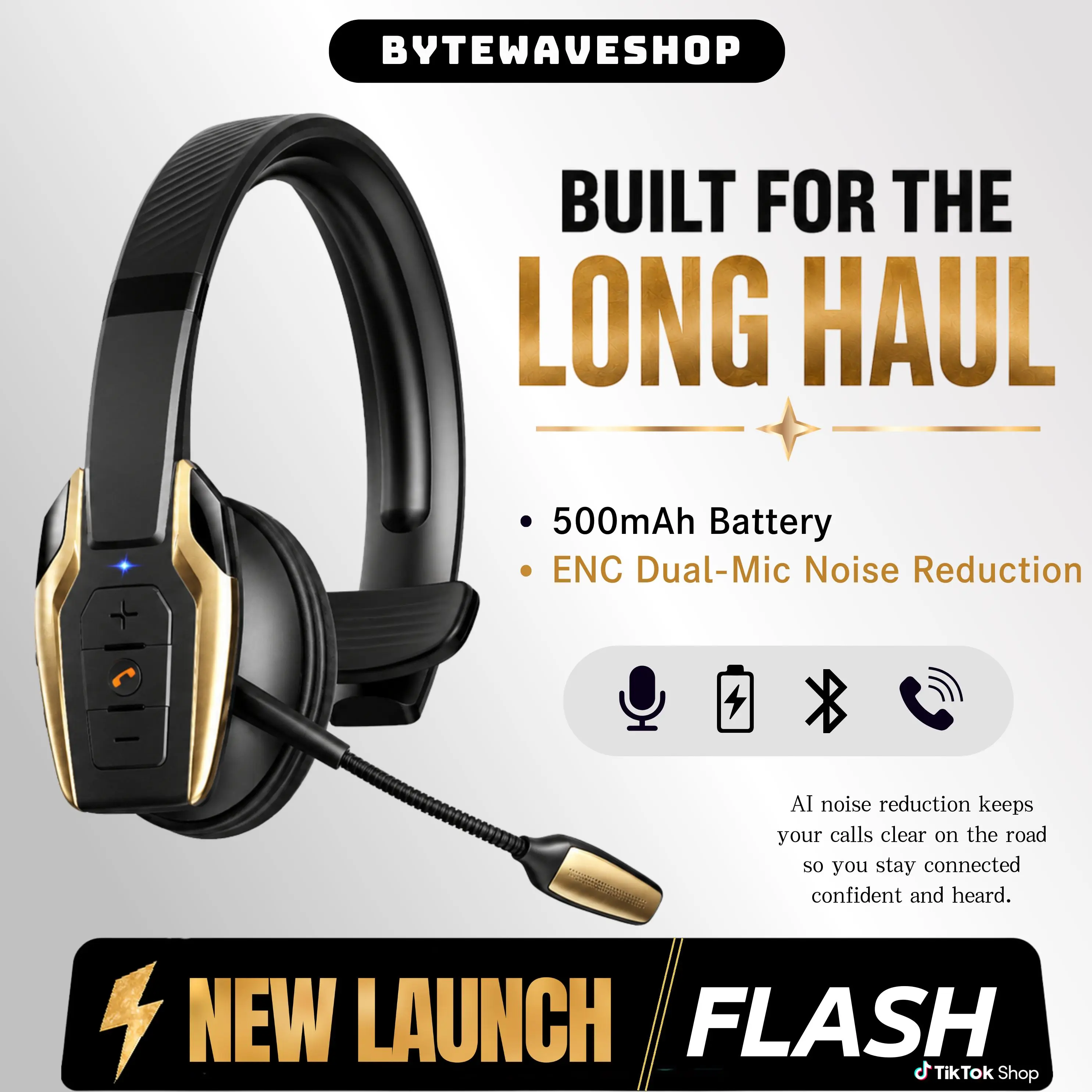 ByteWaveShop Gold Trucker Over Ear Bluetooth 6.0 Electronic Headphone - Rechargeable Wireless Noise-Canceling Audio Device with ENC Mic, Mute Button, 58H Playtime, 270° Flexible Boom Mic, Adjustable Fit for Truck Drivers, Stable Phone/PC Connection