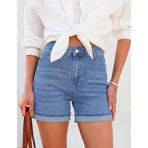 GRAPENT Women's High Waisted Stretchy Denim Shorts, 5-Inch Inseam Mid-Thigh Cuffed Hem, Summer Casual Jorts