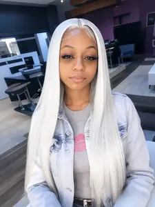Silver Platinum Blonde Long Straight Wig, 13x4 Synthetic Lace Front Wig with HD Transparent Lace, Heat-Resistant Synthetic Fiber Hair, Perfect for Photoshoots, Parties, Cosplay, Stage Performances & Styling 28 Inch