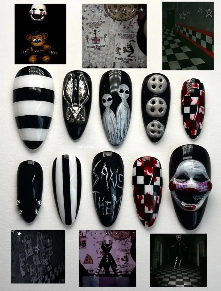 FNAF UPuppety Press On Nails, Five Nights Freddy's Marionette Horror Nails, SAVE THEM 3D Character Nail Art, Black Red Stiletto Reusable Fake Nails | Gift Set (Adhesive Tabs, Nail File, Cuticle Stick)