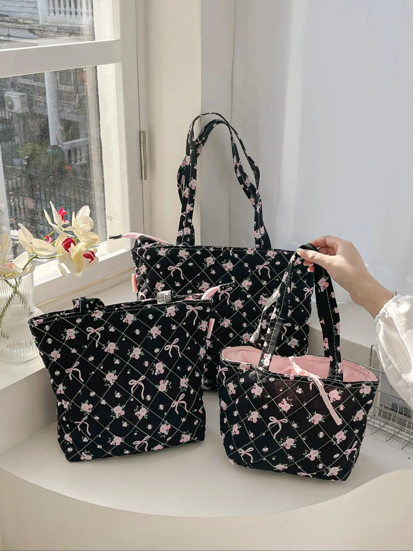 Floral Pattern Casual Tote Bag Set, Large Capacity Casual Shoulder Purse Shoulder Bag with Insert Pouch, Lightweight Portable Bag Set for Women, Best Mothers Day Gift Ideas