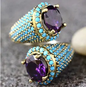 14K Gold Plated Open Amethyst Ring with Turquoise Rings on Both Sides Wedding Jewelry for Women Vintage Gothic Purple Crystal Ring Cocktail Party for Women Christmas Gifts