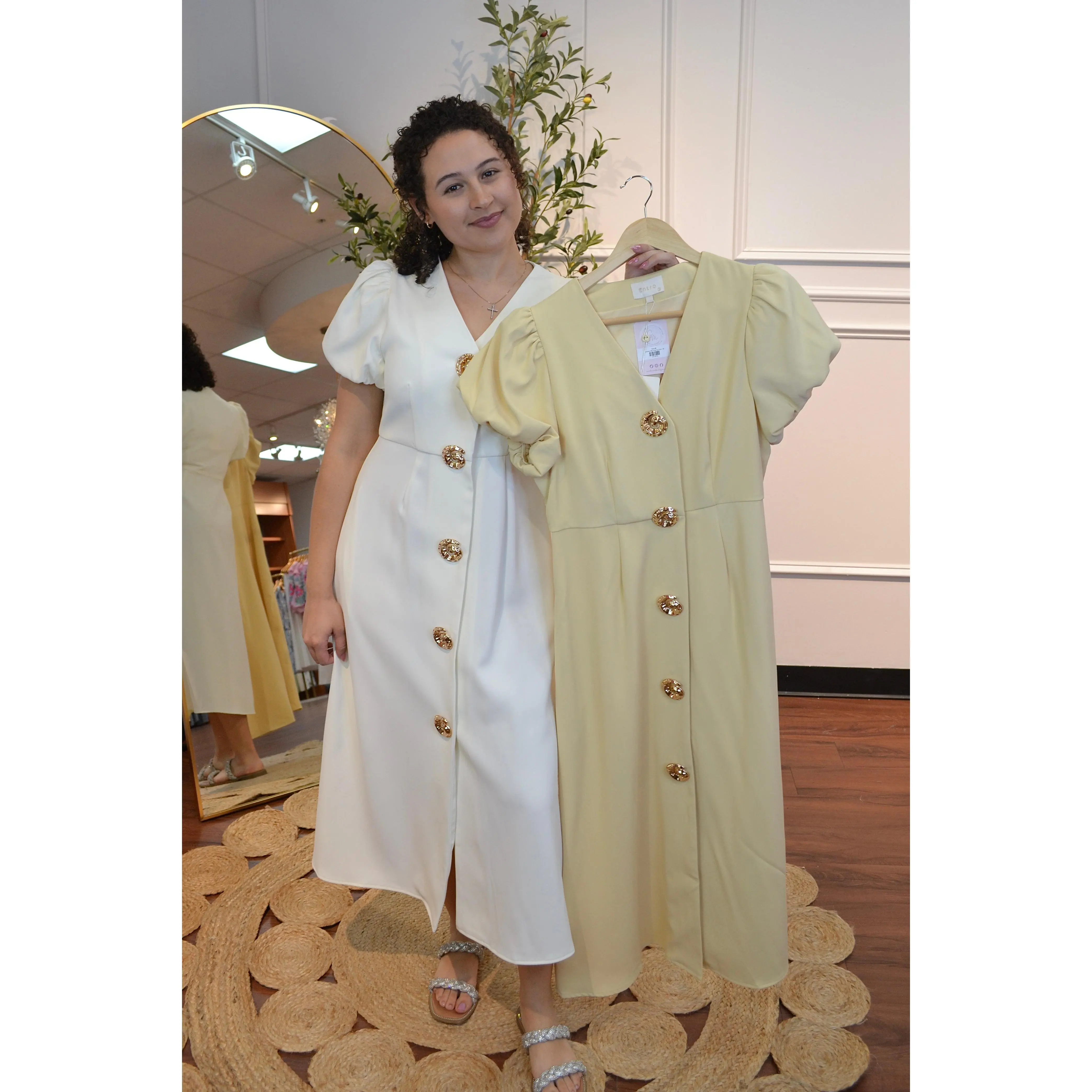Golden Shell Button Midi Dress By Entro