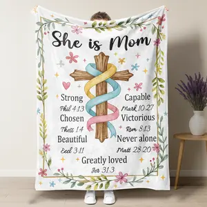 For Mother's Day Gift She Is Mom Christian Cross Floral Flannel Blanket,Religious Bible Verse Mom Definition Quote Soft Cozy Throw Blanket,Religious Mother's Day Birthday Gift For Christian Mom Believer