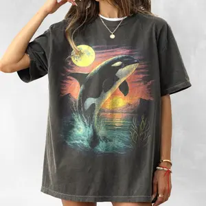 Orca Midnight Vintage Graphic Tee, Retro Ocean Orca Shirt, Moonlight Ocean Lightning Tee, 90s Marine Life Graphic Top Gift