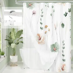 3 in 1 Shower Curtain Set, Sage Green Watercolor Floral Bath Curtain and PEVA Liner Set with 12 Double Sided Steel Hooks, Waterproof Fabric Bathroom Curtain 72x72