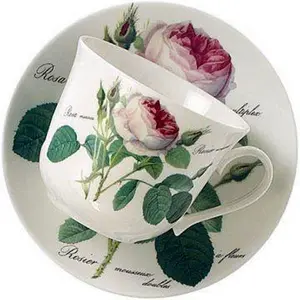 212 MAIN Redoute Rose Floral Print Round Cups and Saucer Set, 2-Piece Chip-Resistant Kitchen Drinkware for Coffee, Gift-Ready