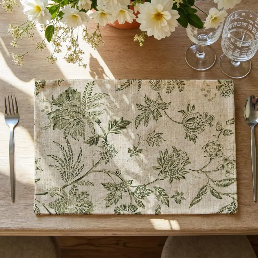 13x19 in Durable Flax Blend Linen Rectangle Placemats (Set of 4) - Rustic Look Cottagecore Jacobean Green, Non-Slip, Washable, Quick-Drying, Easy-Rinsing, Lightweight Tableware, Dining Table Protector, Indoor Fall Easter Decor, Easy To Rinse Off, Floral