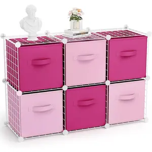 6 Cube Storage Organizer with Fabric Bins, Wire Grid Stackable Shelves, Modular Storage Units for Bedroom Living Room Office Toys Book Craft(White,Pink)