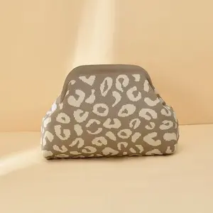 Women's Leopard Print Knitted Handbag, Fashionable Storage Makeup Bag, Portable Beach Bag, Large Capacity Daily Use Evening Bag