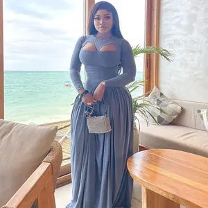 Autumn and winter clothing Elegant Draped Gowns Dress Casual Split Long Sleeve Solid Party Women Fashion Waist Slim Long Dress