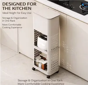 Tier Rolling Utility Cart Organizer, Features flip-open lid trash can and 360-degree rotating wheels. Stable and Sturdy Rolling Storage Carts for Bathroom, Kitchen, Snack, Craft.