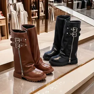Girls' Below-The-Knee Chunky Heel Knight Boots, Long Boots, New Autumn And Winter Fashion, Handsome Belt, Retro Pleated Trousers Boots, Comfortable Size 27-37