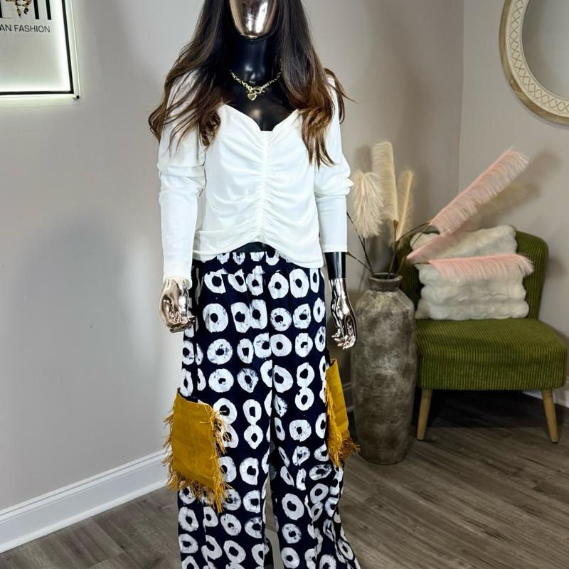 Àṣíkò Statement Wide-Leg Pants African Print Trousers with Fringe Pocket Detail for Stylish Outfits