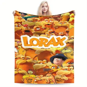 Lorax themed printed flannel blanket with vibrant movie art, perfect for home, office or outdoors, fun decor for all seasons