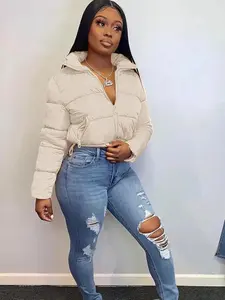 ELI Women's Plain Pocket Full Cropped Winter Coat, Warm Comfy Long Sleeve Zipper Puffer Coat for Fall & Winter, for Daily Streetwear, Winter Clothes Women, Please Purchase A Size Up