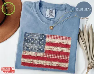 Comfort Colors Vintage American Flag Shirt, Patchwork USA Tee, Patriotic Gra