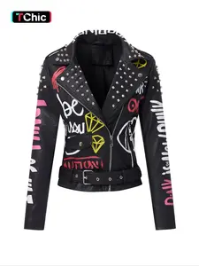 Women's PU Jacket with Belt, Casual Fitted Biker Style, Letter Print, Rivet Zipper Design, Long Sleeve All Season Wearable Outerwear Coats