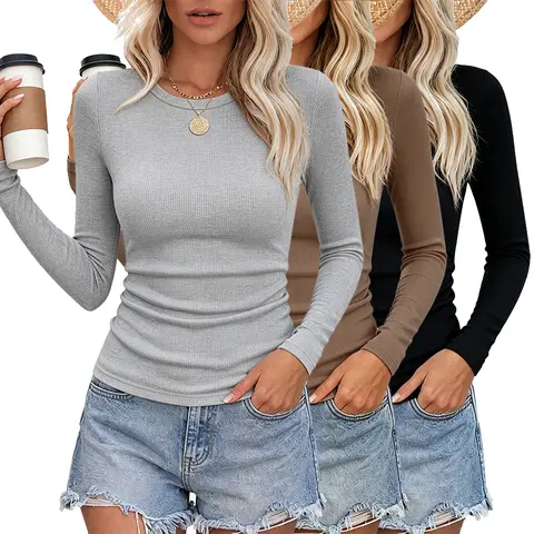 3 Pack Womens Long Sleeve Slim Fit Shirts Tops Blouses Fall Fashion Outfits Clothes