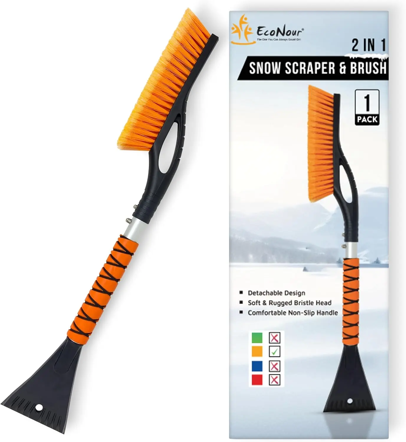 EcoNour 27" Aluminum Ice Scrapers for Car Windshield | Car Snow Scraper Window and Snow Brush with Ergonomic Foam Grip Winter Accessories (Orange)