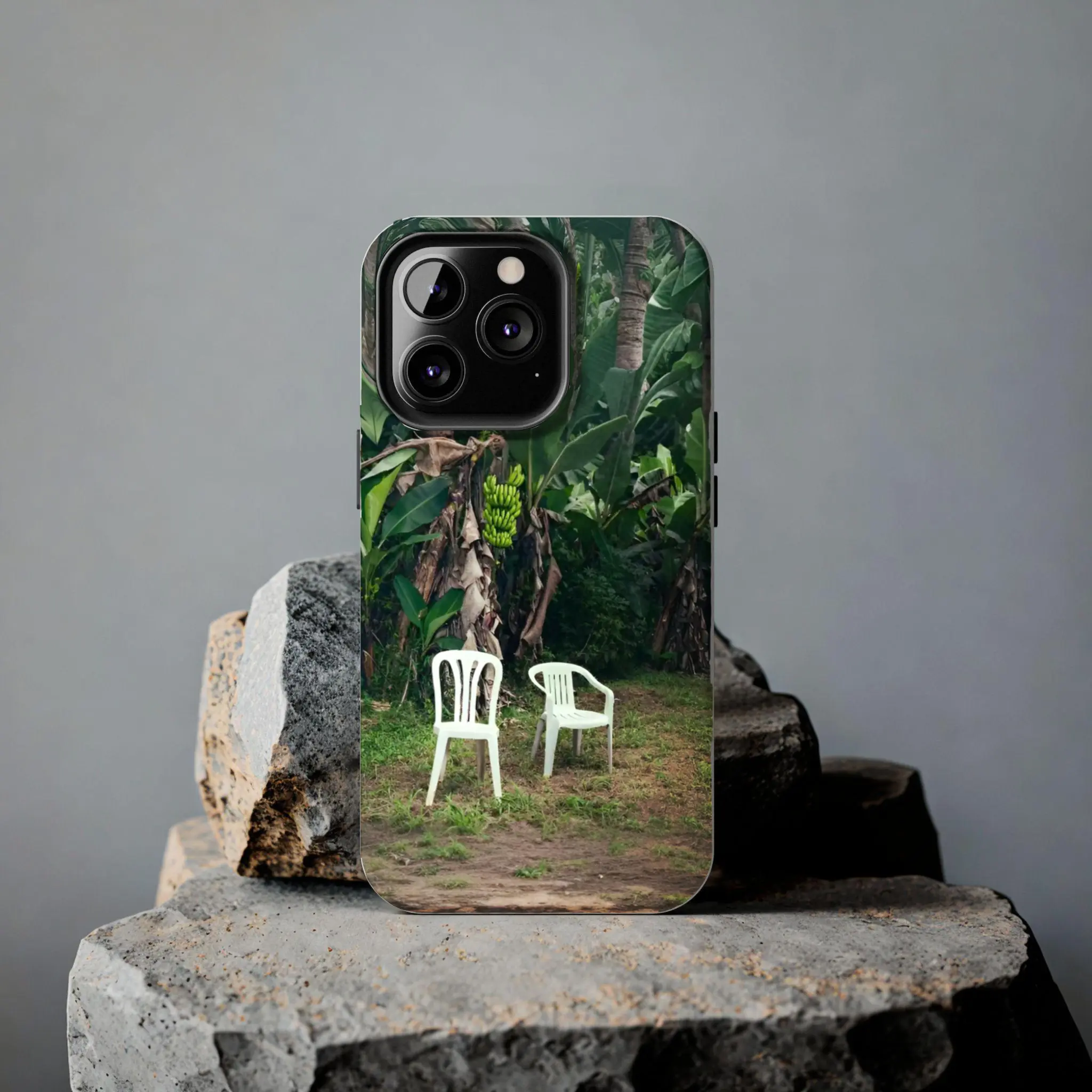 Quirky Tropical Jungle Phone Case Banana Grove White Plastic Chairs Nature Landscape Photography Vintage Tranquil Outdoor Scenery Full Camera Shockproof Cover For iPhone 18 17 16 15 14 13 12 Samsung Galaxy S26 S25 S24 S23 S22 Nature Lover Graphic Accessor