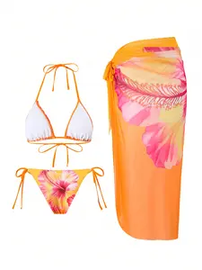 Women’s Tropical Hibiscus Bikini Set with Sheer Wrap Sarong – High-Stretch Nylon Blend, Adjustable Straps, Perfect for Beach, Pool & Sunset Dinners | Vibrant Orange & Pink Floral Print