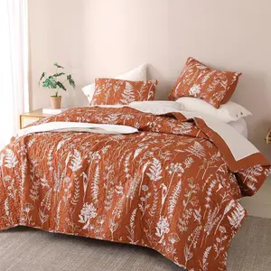 Twin Terracotta Bed Spread Boho with Floral Pattern Microfiber Set 2 Pieces Lightweight Comforter Reversible Bedding Set,1Quilt 66x90 inches,1 Pillowcase