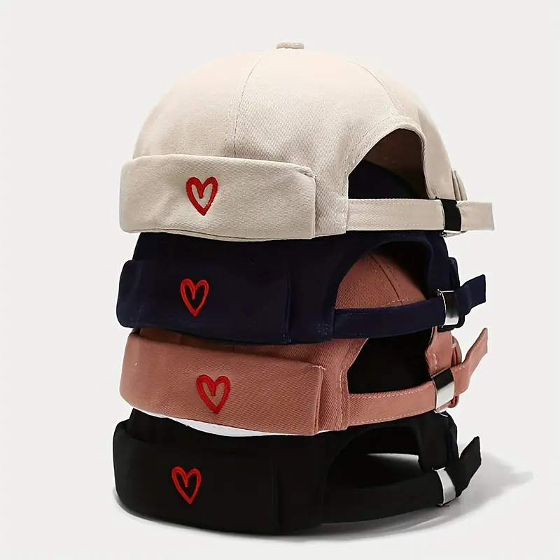Brimless Skullcap with Embroidered Heart, Funky Retro Street-Style Docker Hat for Men & Women, Adjustable and Lightweight for All Seasons, Embroidered Design