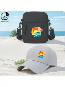 2pcs Ocean and Sunset Watercolor Painting for Electronic Device Decoration Print, Unisex Baseball Cap & Crossbody Bag, Men's and Women's Fashion Street Suit, Unisex Sportswear, Unique Gift Ideas, adjustable Polyester, Casual Outdoor Sports Accessories