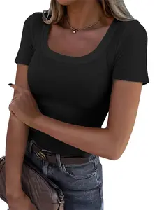 Women's Summer Scoop Neck Short Sleeve T-Shirts Ribbed Knit Slim Fitted Casual Basic Top women