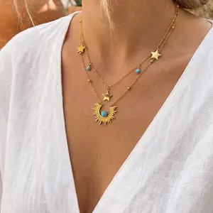 Waterproof Turquoise Sun Layered Necklace - Tarnish-Free Boho Necklaces, Beach Charm, Decorative Gemstone Charms for Everyday Wear#SunStarNecklace#BohoSummerVibes#LayeredGoldChain#AestheticJewelry#CottagecoreJewelry#StackableNecklaces, Beach Charm Necklac