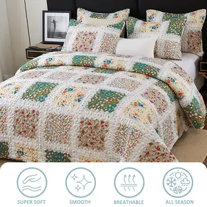 Vintage Floral Patchwork Lightweight Quilted Thin Blanket, Rustic Style Bedspread, All-Season Bedding Set (King/Queen size comes with 2 pillowcases; Twin size comes with 1 pillowcase)