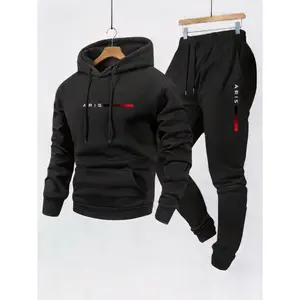 Men's Black "ARIS" Graphic Tracksuit Set - Hoodie & Jogger Pants with Red Accent 2-Piece Outfit
