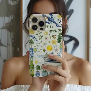 Italian summer collage phone case, lemon wine, Ciao Bella, Mediterranean blue lemon coast, rugged and durable 2-in-1 protective case, compatible with iPhone 17/16/15/14/13/12/11 Pro Max/Plus/Pro, Samsung Galaxy S25/S24/S23 Ultra series.