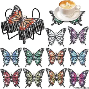 DIY Irregular Butterfly-Designed Crystal Glitter Diamond Painting Wooden Coasters with Stand, Home Coffee Table Decorative Mats, Adult Handmade Craft Gift Supplies