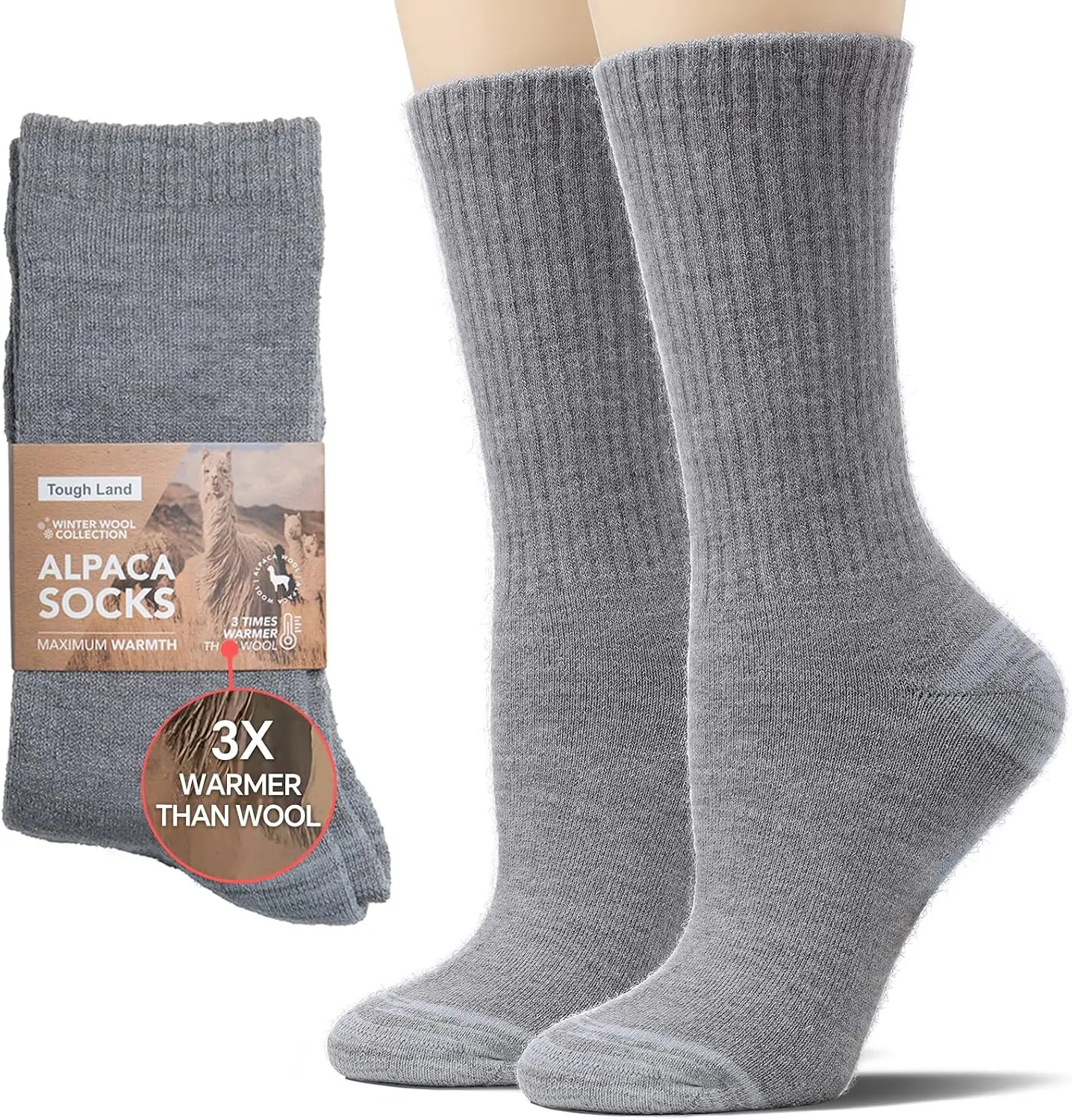 Tough Land 60% Baby Alpaca Wool Crew Socks for Men & Women, Soft Full Cushion Warm Winter Socks, Breathable Moisture-Wicking Hiking Socks for Cold Weather & Boots