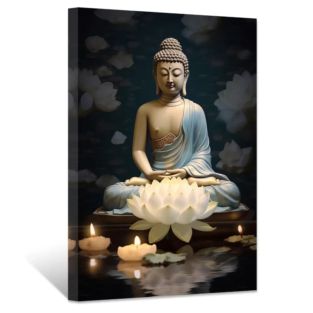 Framed Wall Decor Buddha Statue Canvas Wall Art for Meditation Room Religious Print
