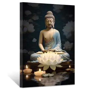 Framed Wall Decor Buddha Statue Canvas Wall Art for Meditation Room Religious Print