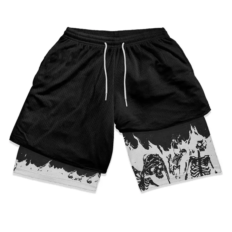 Men's Punk Skeleton Print 2 in 1 Drawstring Waist, Regular Fit Casual Comfy Breathable Summer Bottoms, Drawstring Sport Shorts, Men's Clothes for Gym Workout Running, Going Out Clothing