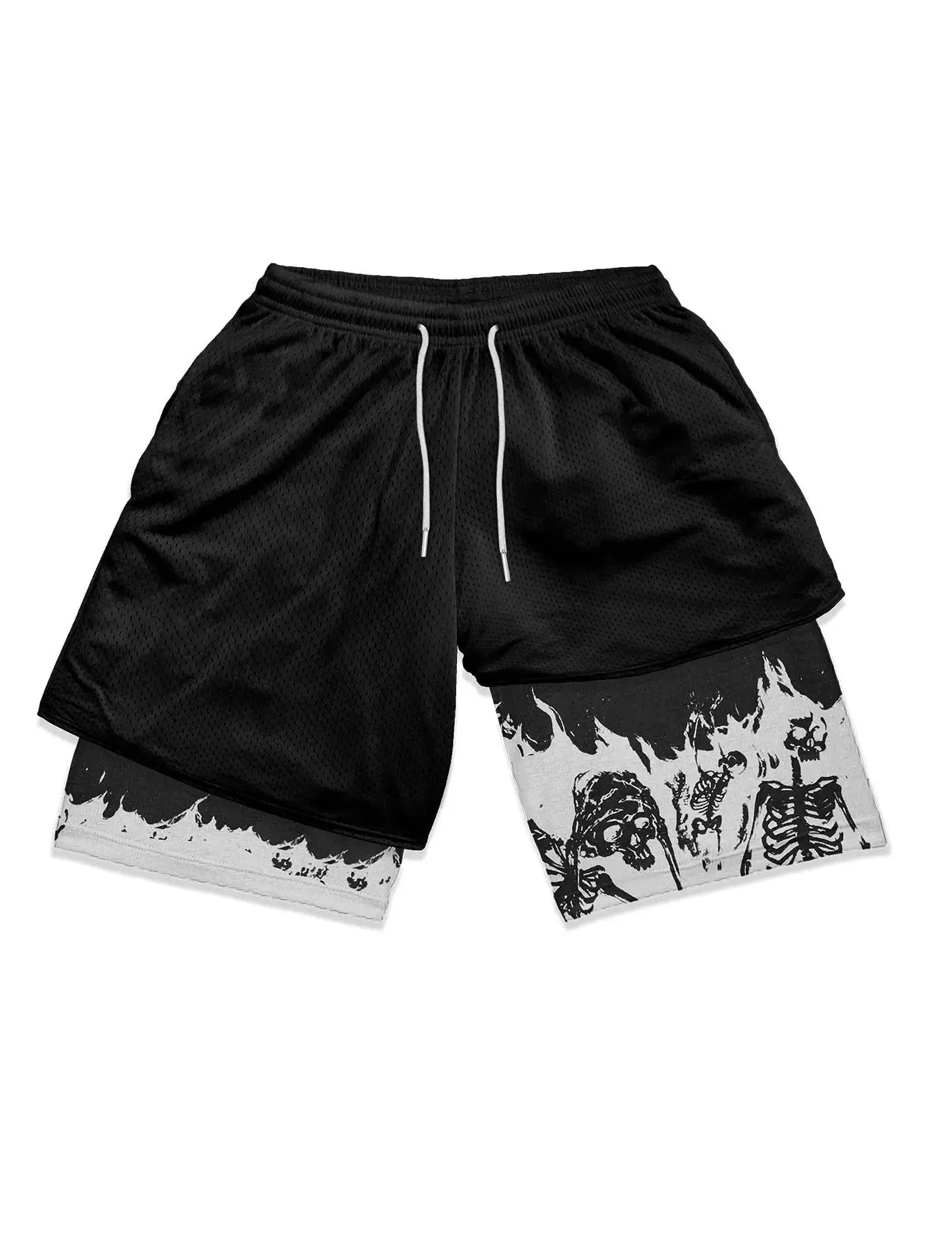 Men's Punk Skeleton Print 2 in 1 Drawstring Waist Track Shorts, Regular Fit Casual Comfy Breathable Summer Bottoms, Men's Clothes for Gym Workout Runn