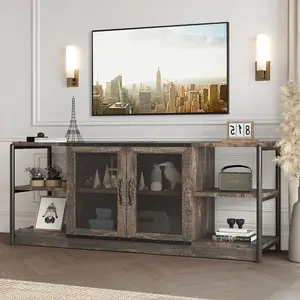 GARVEE Farmhouse TV Stand for Living Room with Storage, Mesh Door, Rustic Oak Finish, Fits 65-70 inch TVs, Industrial Style, Media Console, Entertainment Center